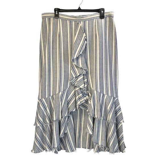 Reba Womens 8 Blue/White Tiered Linen Blend Lining FrontSlit Skirt Cottage Core - Picture 1 of 7
